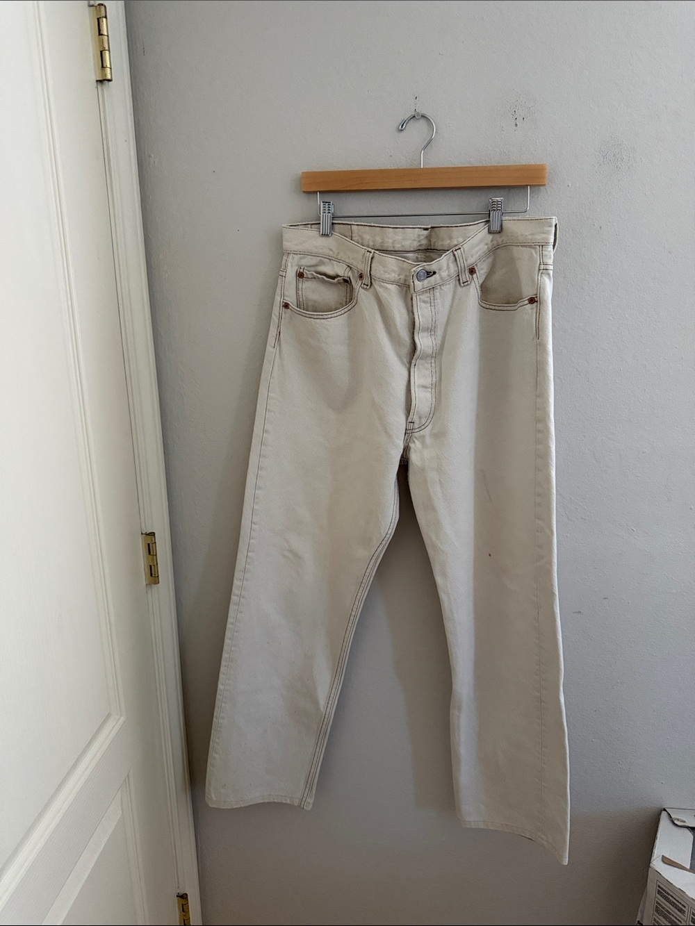 Vintage white bleached 1993 501s tag size 38x32 but hemmed to 29”